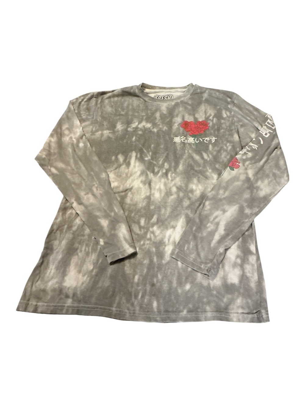 Gray Tie-Dye Long Sleeve Tee with Red Rose Graphic